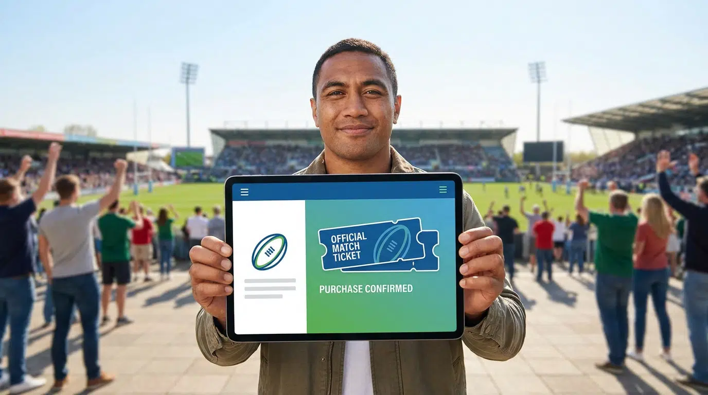 Un homme souriant présente une tablette affichant un billet de match de rugby officiel dans un stade en arrière-plan.