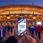 Une main tenant un smartphone avec un ticket numérique devant un stade de rugby illuminé au crépuscule.