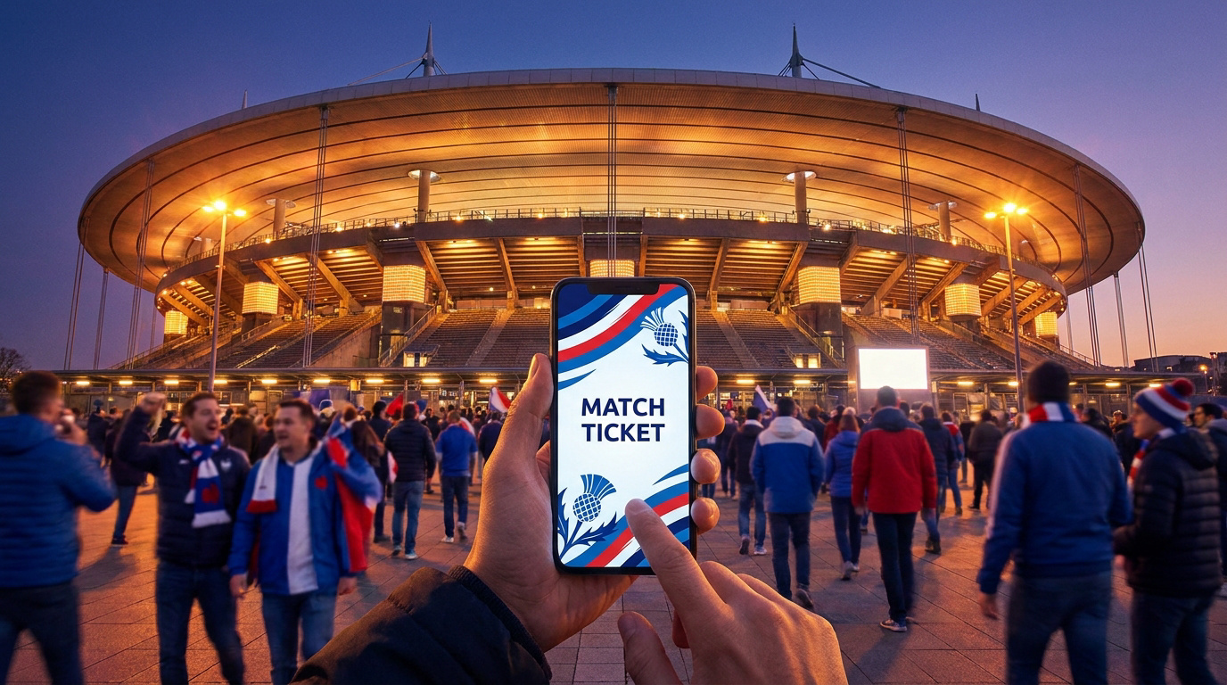 Une main tenant un smartphone avec un ticket numérique devant un stade de rugby illuminé au crépuscule.