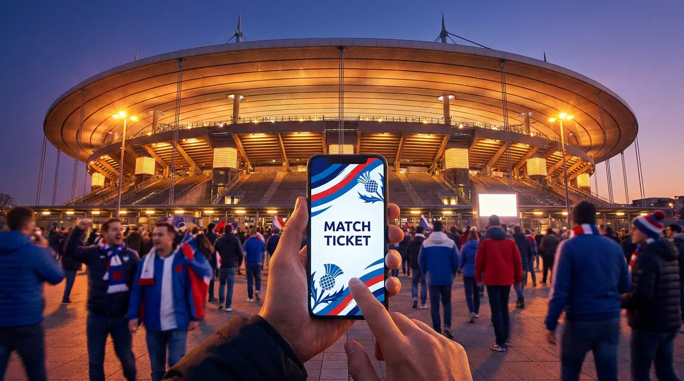 Une main tenant un smartphone avec un ticket numérique devant un stade de rugby illuminé au crépuscule.