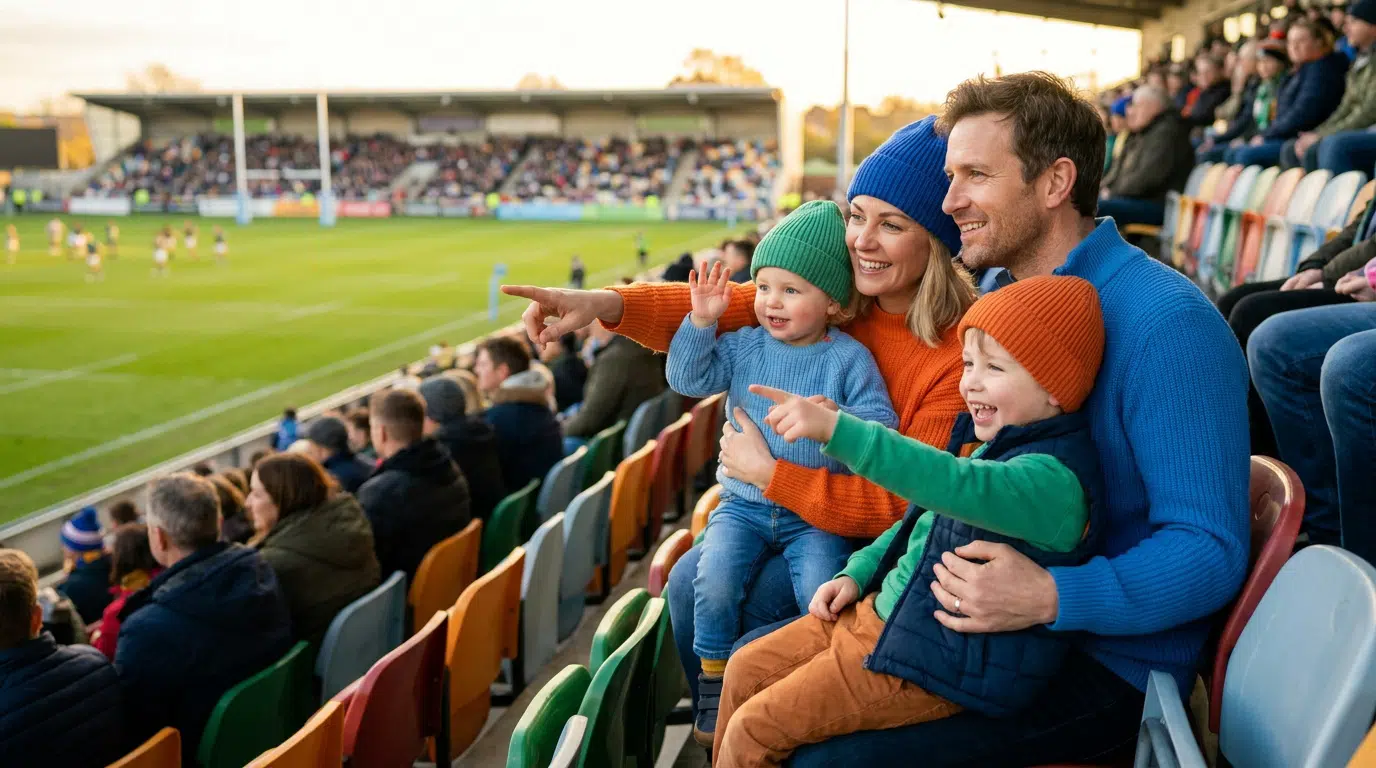 Une famille souriante composée de deux parents et deux jeunes enfants avec des bonnets regarde un match de rugby.