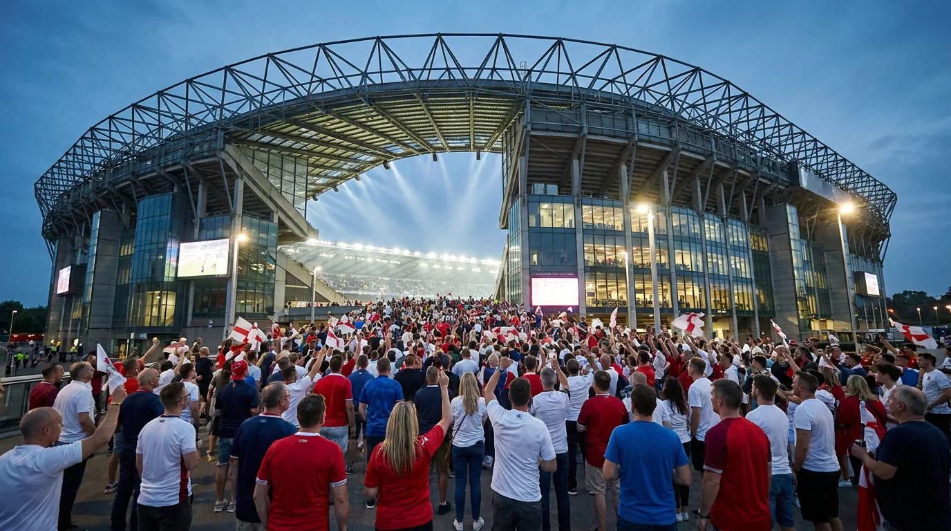 Foule de supporters en rouge et blanc marchant vers le stade de Twickenham sous une structure métallique imposante.