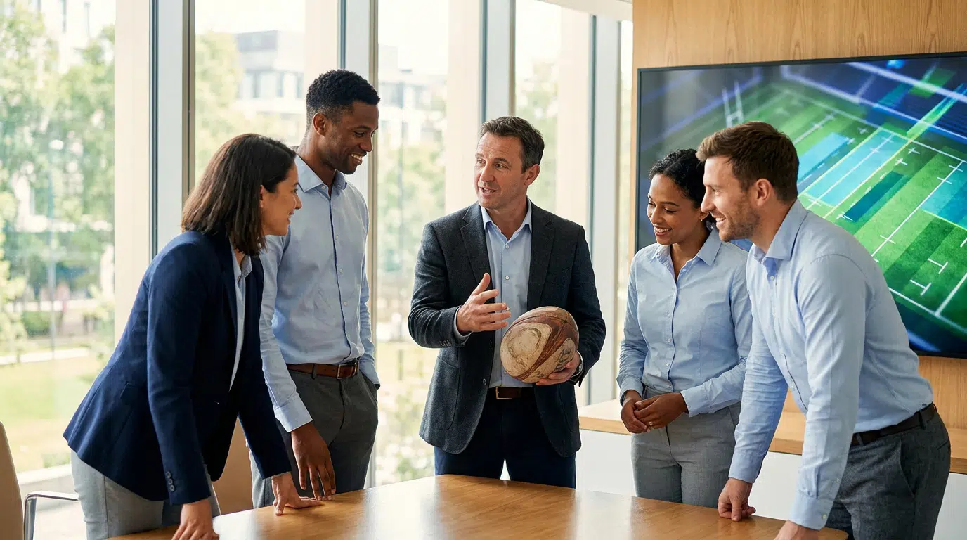 Un manager explique une stratégie avec un ballon de rugby devant une équipe attentive dans une salle de conférence moderne.