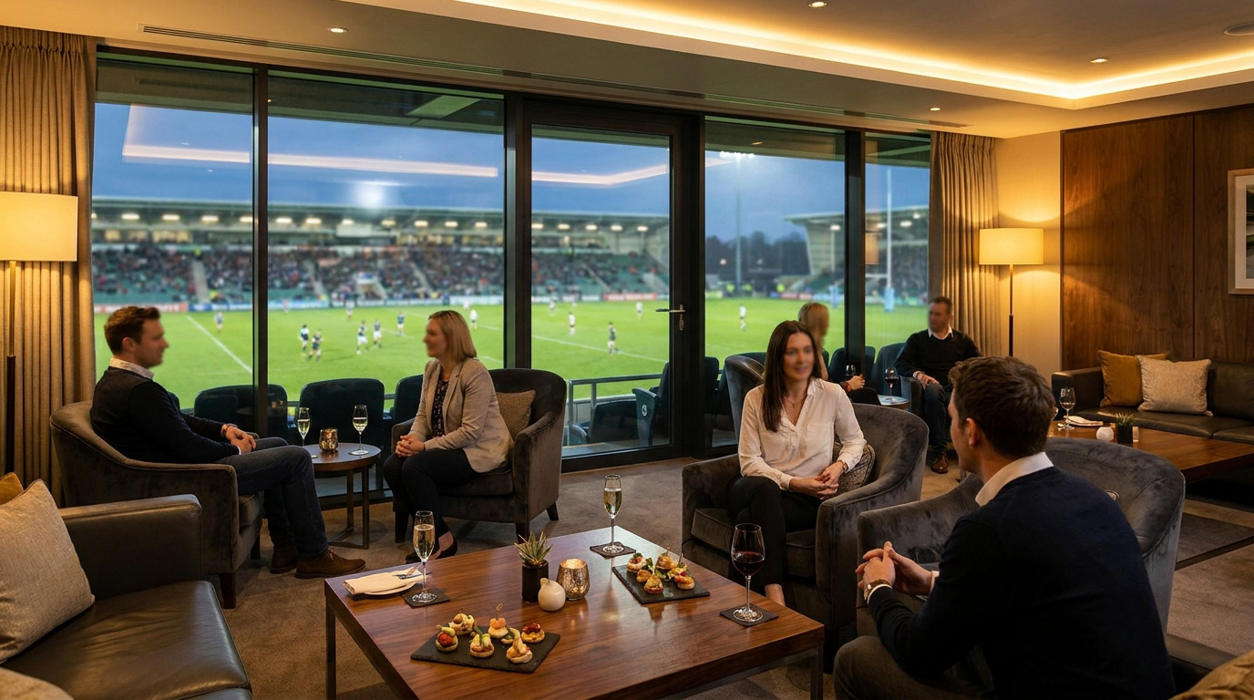 Personnes dans une loge luxueuse avec vue panoramique sur un stade de rugby lors d'un match.