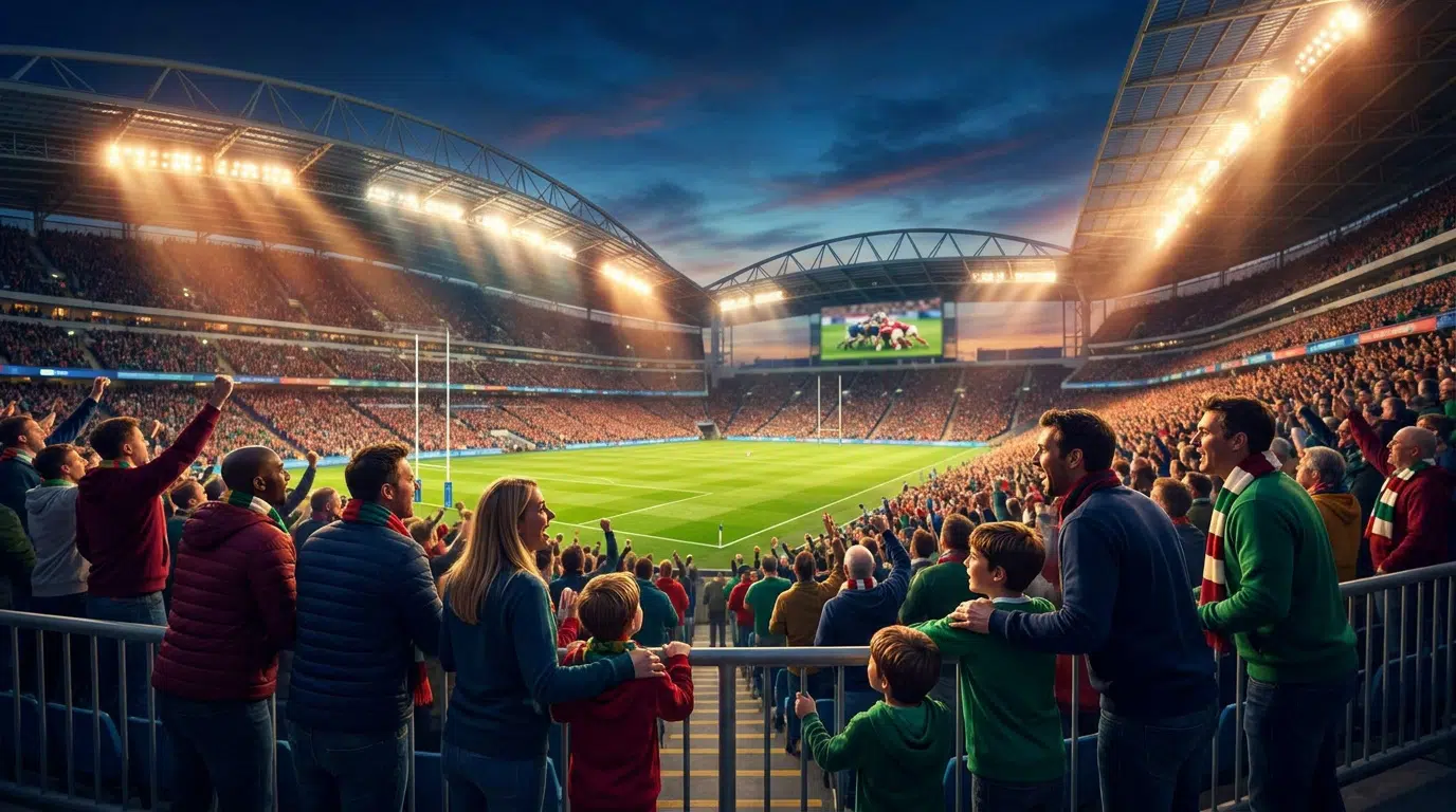 Supporters enthousiastes dans un stade de rugby rempli pendant un match en soirée sous les projecteurs.