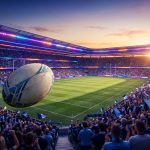 Un ballon de rugby en suspension au-dessus d'un stade bondé lors d'un coucher de soleil flamboyant.