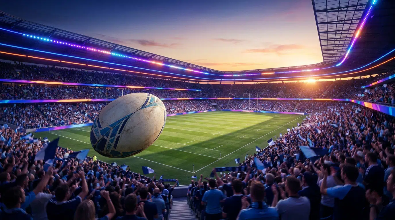 Un ballon de rugby en suspension au-dessus d'un stade bondé lors d'un coucher de soleil flamboyant.