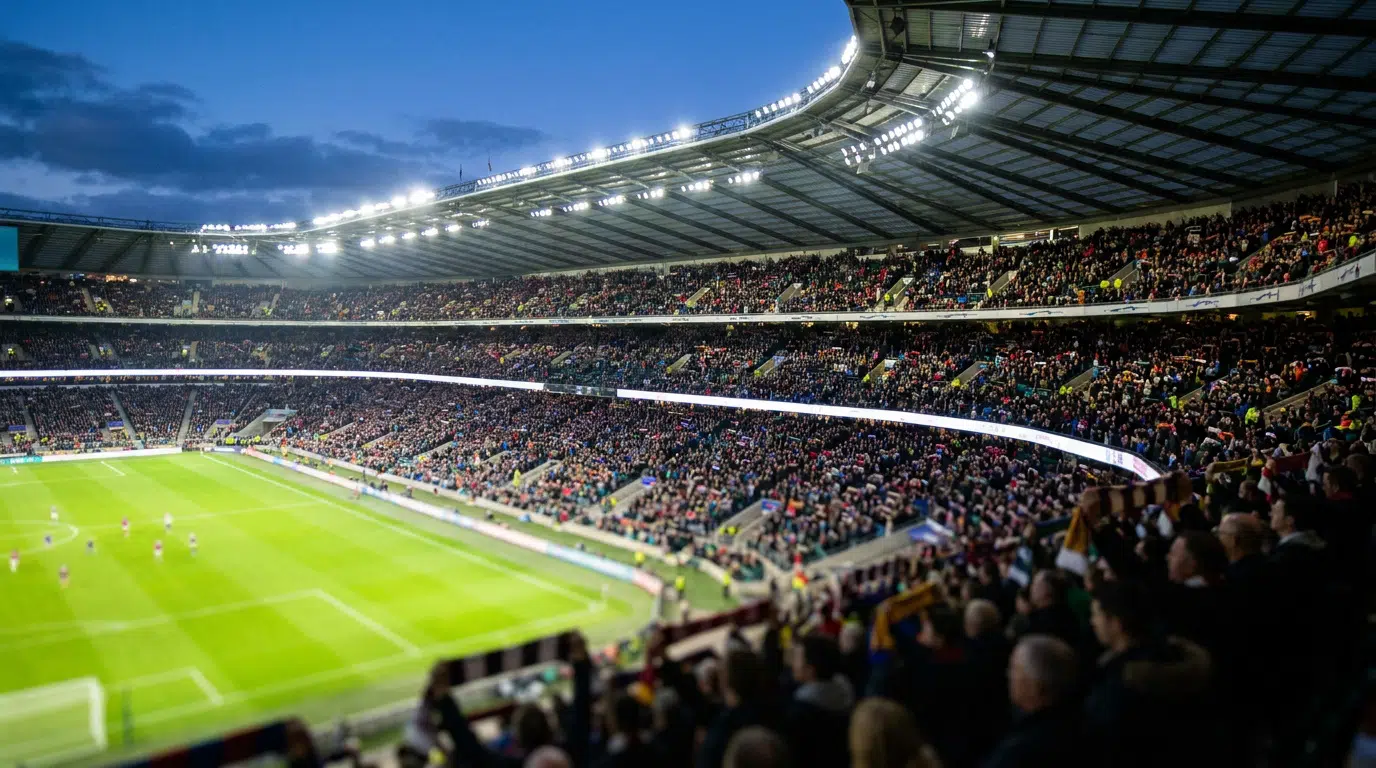 Vue panoramique d'un stade de football rempli de supporters lors d'un match en soirée sous les projecteurs.