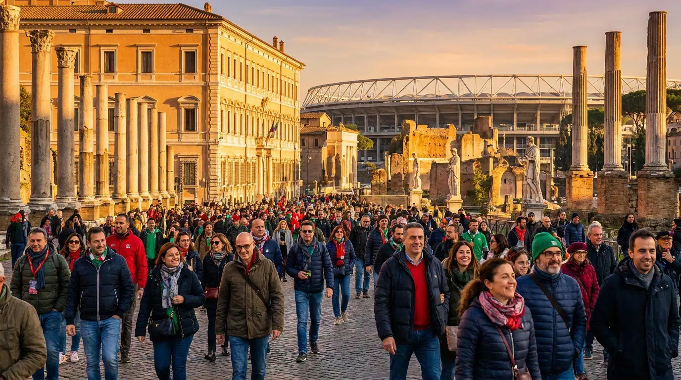 Foule de supporters marchant devant des ruines romaines avec un grand stade de football en arrière-plan à Rome.