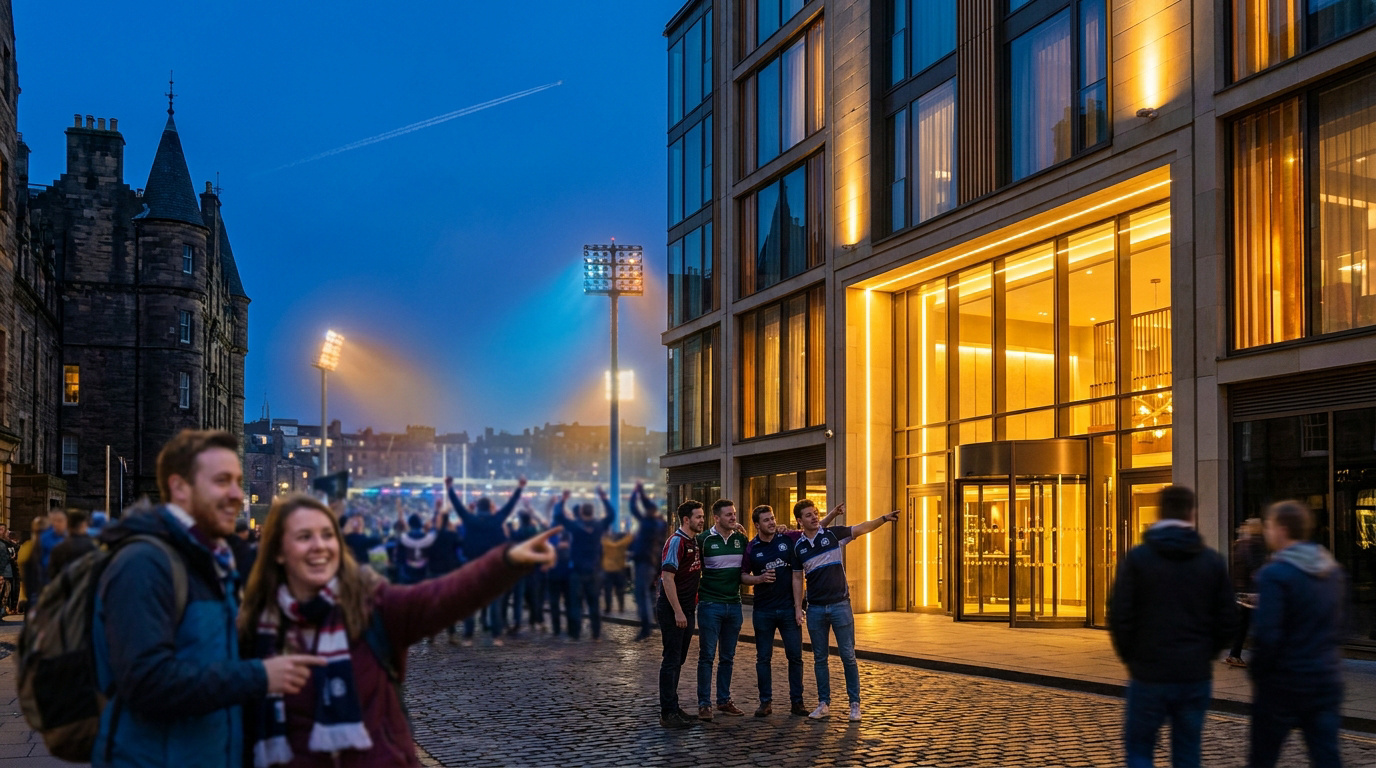 Des supporters de rugby joyeux devant un hôtel moderne à Édimbourg, avec un stade illuminé en arrière-plan au crépuscule.